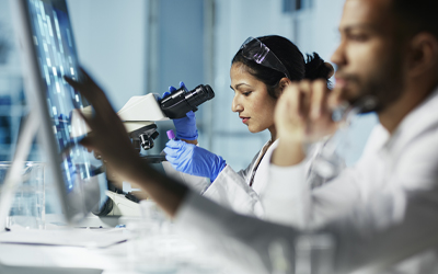 Two researchers looking through microscopes (c) UC Regents. All rights reserved.