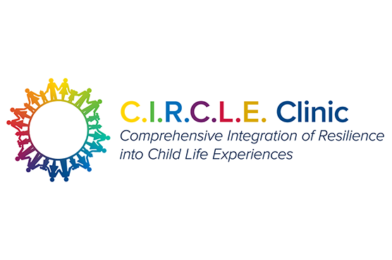 CIRCLE Clinic Logo (Comprehensive Integration of Resilience into Child Life Experiences), family figuers holding hands in rainbow color scheme