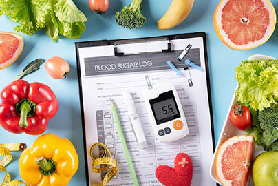 Blood Sugar Log surronded by fresh fruits and veggies, grapefruit, bell peppers red and yellow