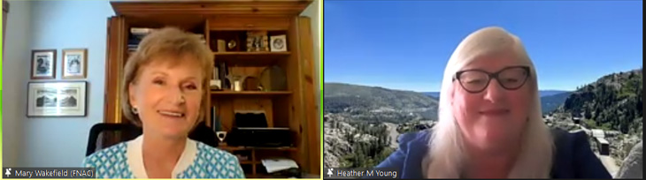 Heather Young, right, and Mary Wakefield appear side by side in screens from a Zoom presentation