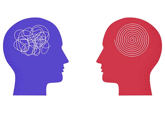 Blue and red outlined heads with circles in the area of the brain