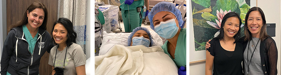Left to right: A smiling adult patient in casual attire sits next to a health care provider in green scrubs and a sweatshirt; A patient in a blue surgical bonnet and face mask lies in a hospital bed under a blanket while a health care provider in green scrubs, blue surgical bonnet and face mask, takes a selfie photograph; An adult woman stands in an office next to her health care provider, who wears formal office clothes.