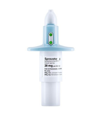 A blue and white nasal spray container with the word Spravato shown against a white background.