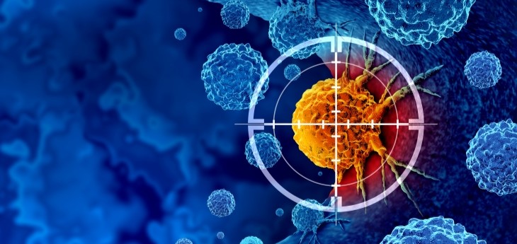 An illustrated rendering of a cancerous cell targeted with immunotherapy
