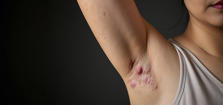 Armpit with hidradenitis suppurativa showing painful red bumps and irritated skin