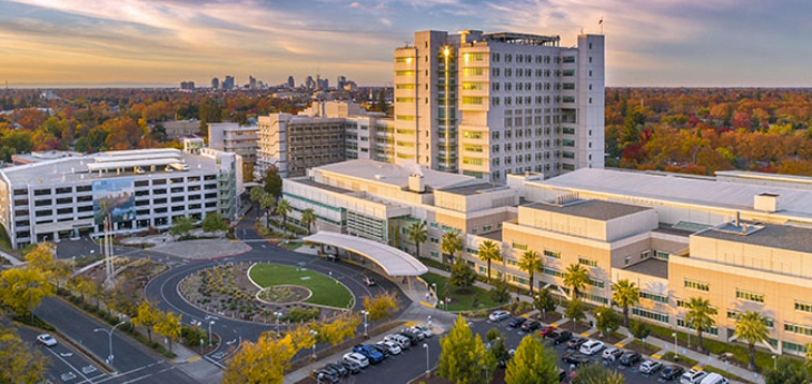 Overhead view of UC Davis Medical Center at sunset