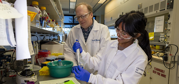 Two researchers in lab coats work in a lab on an experiment.