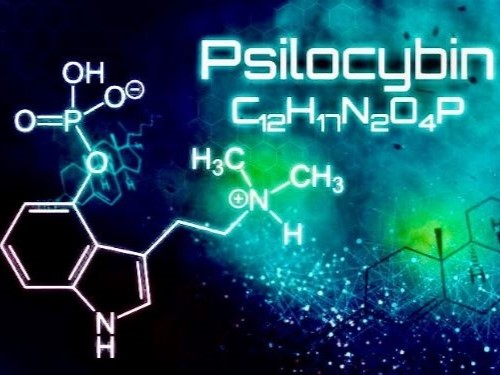 The word “Psilocybin” and its chemical composition are displayed in white against a dark background.