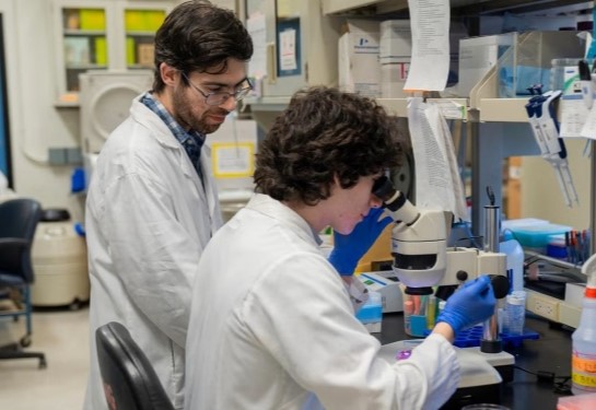 A person with dark curly hair seated at a lab bench looks into a microscope; another person with a beard and glasses wearing a white lab coat looks on