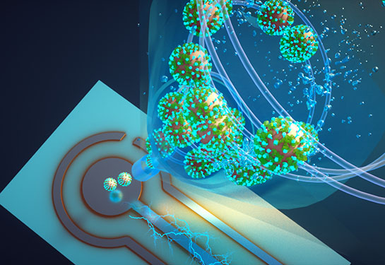 Colored spheres with surface projections swirl towards an electronic circuit on a board. 