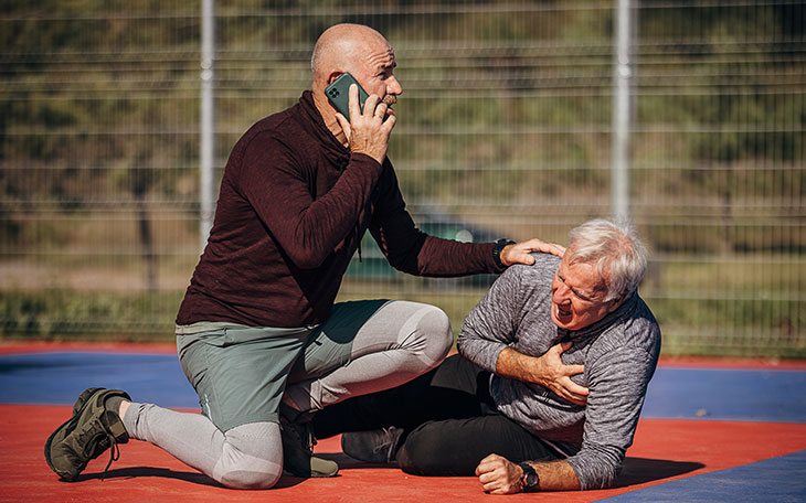 one man on the phone while a second man holds his chest