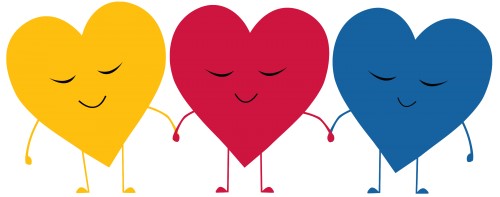 three hearts holding hands and smiling