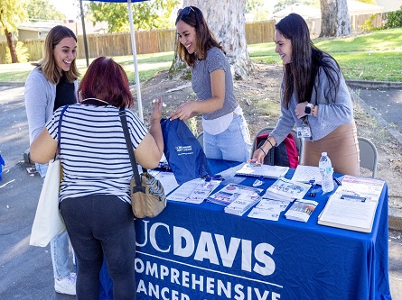 The cancer center’s Office of Community Outreach and Engagement team (left to right) Laura Adame, Neha Singh and Alex Gori provided information to par