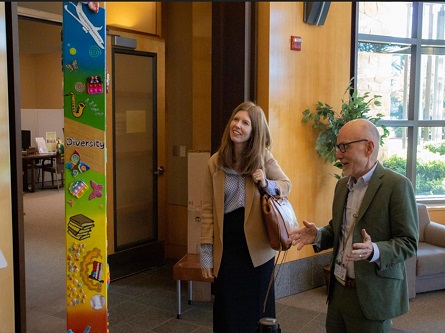 Dr. Leonard Abbeduto, our former Director, sharing our peace pole with visiting speaker, Dr. Julie Lounds Taylor.