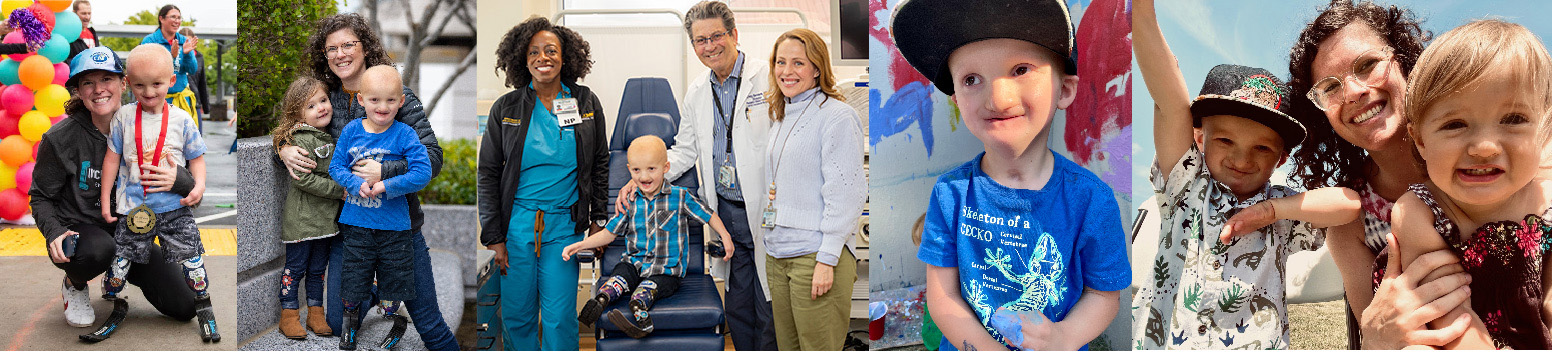 A collage of Shine, his family and care team