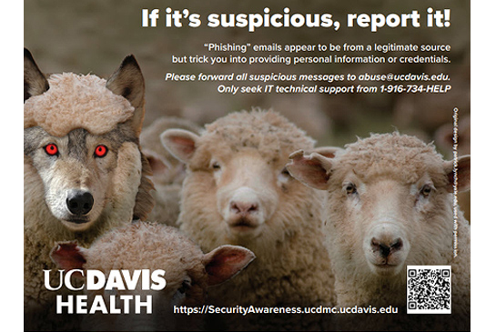A poster with a herd of sheep and a wolf in sheep's clothing.