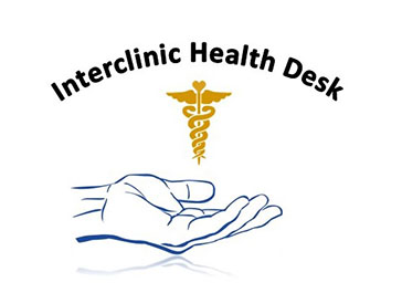 Hand holding a yellow caduceus with the words Interclinic Health Desk over the top. 